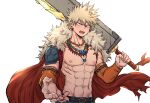 1boy abs bakugou_katsuki bead_necklace beads blonde_hair boku_no_hero_academia cape chiyaya collarbone detached_sleeves earrings fur_collar highres holding holding_sword holding_weapon jewelry male_focus multiple_necklaces muscular muscular_male necklace nipples open_mouth pectorals red_cape solo spiked_hair sword topless_male weapon white_background yellow_eyes 