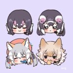  african_penguin_(kemono_friends) animal_costume animal_ears coyote_(kemono_friends) cthun_n gloves headphones highres humboldt_penguin_(kemono_friends) island_fox_(kemono_friends) kemono_friends kemono_friends_v_project long_hair looking_at_viewer microphone multicolored_hair necktie ribbon shirt simple_background skirt smile tail twintails virtual_youtuber 