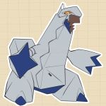  claws colored_sclera commentary duraludon full_body grid_background kelvin-trainerk no_humans open_mouth orange_sclera outline pokemon pokemon_(creature) sharp_teeth teeth twitter_username watermark white_eyes yellow_background 