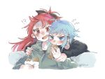  !? 2girls anger_vein black_bow black_shirt blue_eyes blue_hair blue_hoodie blue_jacket blush bow couch eating fang food food_theft hair_bow hair_ornament hairpin high_ponytail highres hood hoodie jacket lokiyoe long_sleeves mahou_shoujo_madoka_magica medium_hair miki_sayaka multiple_girls official_alternate_costume open_mouth ponytail pout red_eyes red_hair sakura_kyouko shirt sidelocks simple_background takoyaki theft tsurime white_background zipper zipper_pull_tab 