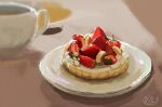  artist_name blurry blurry_background commentary cup dessert drink english_commentary food food_focus fruit kay_(kf1n3) no_humans original plate signature sketch still_life strawberry tart_(food) teacup 