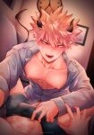 2boys absurdres artist_name asanuno1510 bakugou_katsuki bangs bara bare_pectorals black_male_underwear blonde_hair blush boku_no_hero_academia boxers bulge collared_shirt crotch_grab demon_boy demon_horns demon_tail erection erection_under_clothes grey_shirt groping hand_on_another&#039;s_crotch highres horns large_pectorals licking licking_lips male_focus male_pubic_hair male_underwear midoriya_izuku multiple_boys muscular muscular_male nipples partially_unbuttoned pectorals pointy_ears pubic_hair red_eyes shirt short_hair solo_focus spiked_hair tail tongue tongue_out twitter_username underwear yaoi 