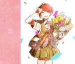  1girl :d bangs bouquet brown_eyes camera danganronpa_(series) danganronpa_2:_goodbye_despair dated eyebrows_visible_through_hair flower green_shirt green_skirt hand_up highres holding holding_bouquet kiri_(2htkz) koizumi_mahiru looking_at_viewer necktie open_mouth pink_background pink_flower plaid_necktie pleated_skirt red_hair shirt short_hair short_sleeves skirt smile white_background white_flower yellow_flower 