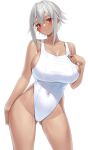  1girl absurdres ass_visible_through_thighs blush breasts cleavage dark-skinned_female dark_skin highres large_breasts looking_at_viewer original short_hair sideboob skindentation smile solo swimsuit thick_thighs thighs white_hair white_swimsuit yamanokami_eaka 