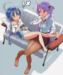  2girls :d :t =3 absurdres ahoge bare_legs barefoot blue_hair blush clothes_writing commentary couch english_commentary eyebrows_visible_through_hair eyes_visible_through_hair feet green_eyes hair_ribbon highres hiiragi_kagami izumi_konata long_hair long_sleeves looking_at_another lucky_star lying moccaexe multiple_girls nose_blush off_shoulder open_mouth pantyhose pillow pointing pointing_at_self pout purple_eyes purple_hair ribbon shirt single_bare_shoulder sitting sleeves_rolled_up smile t-shirt twintails very_long_hair white_shirt you_work_you_lose 
