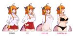  1girl absurdres ahoge bangs blonde_hair blunt_bangs blush bra breasts closed_eyes commentary cowboy_shot curtain_call_challenge dragon_girl dragon_horns dragon_tail english_commentary eyebrows_visible_through_hair grin highres hololive horns kiryu_coco large_breasts multicolored_hair multiple_views navel orange_hair panties parted_lips pointy_ears ryoshi simple_background skirt smile tail teeth two-tone_hair underwear virtual_youtuber white_background 