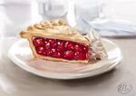  artist_name blurry blurry_background cherry_pie commentary cream dessert english_commentary food food_focus highres kay_(kf1n3) no_humans original pie pie_slice plate signature still_life white_background 