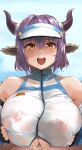 1boy 1girl :d absurdres animal_ears arknights bangs bare_shoulders bikini blue_sky blush breast_squeeze breasts brown_eyes collarbone covered_nipples cow_ears cow_girl cow_horns day eyebrows_behind_hair hetero highres horns huge_breasts large_breasts looking_at_viewer nipples official_alternate_costume open_mouth outdoors oza_osuwari paizuri paizuri_under_clothes purple_hair see-through short_hair sideroca_(arknights) sideroca_(light_breeze)_(arknights) signature sky smile solo_focus sweat swimsuit uncensored upper_body white_bikini 