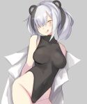  1girl :q animal_ears arknights bare_shoulders bear_ears black_leotard blush breasts bright_pupils closed_mouth contrapposto covered_collarbone covered_navel cowboy_shot enoki_p feater_(arknights) grey_background groin hair_over_one_eye highleg highleg_leotard highres leotard looking_at_viewer medium_breasts multicolored_hair open_clothes open_shirt orange_eyes shirt short_hair short_twintails silver_hair simple_background smile solo streaked_hair tongue tongue_out twintails two-tone_hair undressing white_shirt 