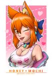  absurd_res animal_humanoid azural_cobaltros big_breasts bow_tie breasts canid canid_humanoid canine canine_humanoid choker clothed clothing ear_piercing female fox_humanoid fur hair hi_res honey_(wowowow_juju) humanoid inner_ear_fluff jewelry looking_at_viewer mammal mammal_humanoid necklace one_eye_closed orange_hair piercing shirt simple_background smile solo tank_top text topwear tuft wink winking_at_viewer 
