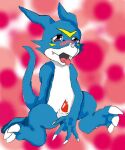  anal anal_fingering anthro artimas_lunar balls bandai_namco blue_body blue_skin blush bodily_fluids digimon digimon_(species) dragon erection fingering genital_fluids genitals leaking_precum looking_pleasured male precum solo tongue tongue_out v_mon veemon 