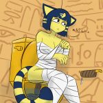  absurd_res animal_crossing ankha_(animal_crossing) annoyed_expression anthro anus bathroom blue_hair breasts butt clothed clothing digital_media_(artwork) domestic_cat egyptian english_text feces felid feline felis female fur gold_(metal) hair hi_res hieroglyphics mammal mummy_costume mummy_wrappings nintendo notmypornaccount pooping scat sigh sitting solo text toilet toilet_paper toilet_use video_games wrappings yellow_body yellow_fur 