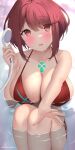  1girl akira_shiun bangs bathtub bikini blush breasts cleavage collarbone commentary_request eyebrows_visible_through_hair hair_between_eyes highres holding holding_shower_head huge_breasts looking_at_viewer open_mouth outstretched_arm pyra_(xenoblade) red_eyes red_hair shower_head side-tie_bikini sidelocks sitting solo swimsuit twitter_username wet xenoblade_chronicles_(series) xenoblade_chronicles_2 
