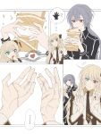  2girls black_necktie blonde_hair brown_necktie collared_dress dress duel_monster eating emptyayya grey_hair hands heterochromia highres multiple_girls multiple_scars necktie red_eyes scar scar_on_face scar_on_hand sky_striker_ace_-_raye sky_striker_ace_-_roze two-tone_dress yu-gi-oh! yuri 