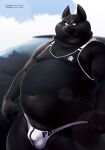  2022 absurd_res anthro belly big_belly biped black_body black_nose blue_eyes bulge canid canine canis clothing domestic_dog hi_res humanoid_hands male mammal navel overweight overweight_male shirt solo topwear underwear wolver_mustang 