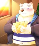  2022 absurd_res anthro belly big_belly bodily_fluids bread clothed clothing crying detailed_background food hi_res hoodie humanoid_hands inside kemono male mammal navel open_clothing open_hoodie open_topwear overweight overweight_male polar_bear sad shirane_kan shirt sitting solo tears topwear udontarai ursid ursine utau white_body 