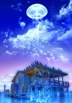  bird blue_sky cloud cloudy_sky fantasy highres house jellyfish little_pine ocean original purple_sky scenery sky water wooden_house 