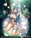  1girl armpits arms_up bare_shoulders blue_butterfly blue_hair blush breasts bug butterfly butterfly_hair_ornament cleavage copyright_name dress evertale from_above full_body hair_ornament high_heels holding jewelry large_breasts long_hair looking_at_viewer navel pointy_ears seiza sitting smile solo staff thigh_strap thighs underwear xe_(execut3r) yellow_eyes 