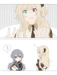  2girls black_necktie blonde_hair brown_necktie collared_dress dress duel_monster eating emptyayya grey_hair hands heterochromia highres multiple_girls multiple_scars necktie red_eyes scar scar_on_face scar_on_hand sky_striker_ace_-_raye sky_striker_ace_-_roze two-tone_dress yu-gi-oh! yuri 