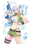  1girl bangs bare_arms bare_shoulders blue_eyes blunt_bangs breasts character_request cleavage commentary_request copyright_request cowboy_shot dog_tags eyebrows_visible_through_hair green_shorts green_vest gun highleg highleg_panties highres hip_vent holding holding_gun holding_weapon large_breasts long_hair looking_at_viewer matsuda_(matsukichi) midriff navel open_clothes open_vest panties parted_lips ponytail short_shorts shorts solo standing stomach strapless thigh_strap thighs trigger_discipline tube_top underwear very_long_hair vest weapon white_hair wristband 