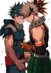  2boys bakugou_katsuki blonde_hair blood_on_arm bodysuit boku_no_hero_academia chiyaya closed_eyes eye_mask freckles from_side gloves green_bodysuit green_gloves green_hair highres hood hood_down looking_at_another mask mask_removed midoriya_izuku multiple_boys orange_gloves profile simple_background spiked_hair standing torn_clothes two-tone_gloves white_background 