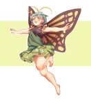  1girl antennae aqua_hair barefoot blush butterfly_wings closed_eyes dress eternity_larva eyebrows_visible_through_hair fairy green_dress highres leaf leaf_on_head multicolored_clothes multicolored_dress open_mouth orz_(kagewaka) outstretched_arms short_hair short_sleeves smile solo spread_arms touhou wings 