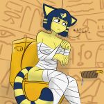  absurd_res animal_crossing ankha_(animal_crossing) annoyed_expression anthro bathroom blue_hair breasts butt clothed clothing digital_media_(artwork) domestic_cat egyptian english_text felid feline felis female fur gold_(metal) hair hi_res hieroglyphics mammal mummy_costume mummy_wrappings nintendo notmypornaccount sigh sitting solo text toilet toilet_paper toilet_use video_games wrappings yellow_body yellow_fur 