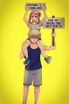  bakugou_katsuki blonde_hair boku_no_hero_academia boots brown_eyes brown_hair carrying echo1069479 english_text fourth_wall green_footwear grey_shorts hand_on_another&#039;s_thigh highres holding holding_sign looking_at_viewer profanity red_eyes shirt short_hair shorts shoulder_carry sidelocks sign spiked_hair standing uraraka_ochako white_shirt yellow_background 