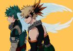  2boys bakugou_katsuki bare_shoulders blonde_hair bodysuit boku_no_hero_academia chiyaya explosive eye_mask faceless faceless_male freckles gloves green_bodysuit green_hair grenade highres male_focus mask mask_removed midoriya_izuku multiple_boys simple_background spiked_hair white_gloves yellow_background 