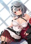  1girl absurdres bangs bare_shoulders black_gloves black_hair blush breasts camisole cleavage fingerless_gloves gloves highres hololive kazuma_muramasa large_breasts multicolored_hair sakamata_chloe short_hair silver_hair solo streaked_hair thighs virtual_youtuber white_camisole 