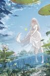  1girl :o absurdres bangs barefoot blunt_bangs brown_eyes bug butterfly cloud commentary day dress highres lily_pad long_hair original outdoors partially_submerged partially_underwater_shot scenery skirt_hold sky solo standing symbol-only_commentary tngn96 wading water white_dress white_hair 