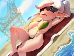  absurd_res beach bikini breasts cephalopod clothing eyewear female hi_res humanoid inkling lying marie_(splatoon) marine mollusk nintendo on_back on_towel seaside sling_bikini solo splatoon sunglasses swimwear theboogie towel video_games 