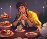  1boy artist_name black_shirt braid brown_hair cake cake_slice candle cape claude_von_riegan closed_mouth commentary cup cupcake dessert earrings english_commentary fire fire_emblem fire_emblem:_three_houses food fruit green_eyes hands_up happy highres jewelry kay_(kf1n3) long_sleeves looking_to_the_side macaron male_focus own_hands_together plate shirt short_hair signature sketch smile solo sparkle strawberry table teacup teapot tiered_tray upper_body yellow_cape 