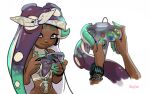  1girl bandana controller dark-skinned_female dark_skin green_eyes highres holding holding_controller marina_(splatoon) midriff mole mole_under_mouth nintendo_64_controller playing_games signature splatoon_(series) splatoon_2 stup-jam tentacle_hair watch white_background wristwatch 