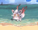  afterimage bright_pupils cloud commentary_request day hisuian_zorua ii_ebidashi looking_down motion_lines no_humans outdoors pokemon pokemon_(creature) sand shore sky solo water watermark white_pupils yellow_eyes 