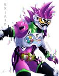  1boy armor belt character_name english_commentary english_text eunnieverse full_body gamer_driver kamen_rider kamen_rider_ex-aid kamen_rider_ex-aid_(series) male_focus mighty_action_x_level_2 open_hand pink_armor pink_hair shoulder_pads solo tokusatsu 