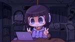  1girl bedroom bob_cut can closed_mouth computer desk double_v eyebrows_visible_through_hair headphones hood hooded_jacket indie_virtual_youtuber jacket kyuusai-chan laptop long_sleeves mouse_(computer) noose open_clothes open_jacket pepoyo purple_eyes purple_hair purple_jacket purple_shirt purple_theme shirt short_hair smile soda_can solo sweat v virtual_youtuber white_headwear 