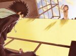  1boy 1girl arm_up black_eyes black_hair black_jacket black_pants bow bowtie brown_eyes brown_hair brown_jacket cloud cloudy_sky colorized commentary day from_below gazing_eye haimura_kiyotaka head-mounted_display highres jacket kamijou_touma kneeling long_sleeves looking_at_another looking_down looking_up medium_hair misaka_imouto misaka_imouto_10032 novel_illustration official_art open_mouth pants red_bow school_uniform short_hair sitting sky smile spiked_hair spoilers surprised sweatdrop teeth toaru_majutsu_no_index toaru_majutsu_no_index:_new_testament tokiwadai_school_uniform upper_teeth wall waving 