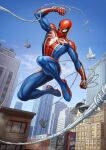  1boy airborne bird city clenched_hand highres male_focus marvel mask patrick_brown pigeon solo spider-man spider-man_(game) spider-man_(series) spider_web_print superhero 