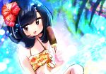  absurdres black_hair flower food hair_flower hair_ornament highres pokemon pokemon_(game) pokemon_sm popsicle selene_(pokemon) swimsuit 