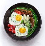  artist_name asparagus bok_choy capsicum commentary egg english_commentary food food_focus from_above frying_pan highres kay_(kf1n3) meat no_humans original signature spring_onion still_life 