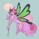  2022 anthro breasts dandelion digital_media_(artwork) fairy_dragon female flower flying green_sclera hair hi_res horn insect_wings nude pink_body pink_hair plant simple_background smile solo trololohstuffs wings 