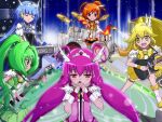  5girls aoki_reika band bass_guitar commentary_request cure_beauty cure_happy cure_march cure_peace cure_sunny drum drum_(container) drum_set drumming guitar hino_akane_(smile_precure!) hoshizora_miyuki instrument keyboard_(instrument) kise_yayoi microphone midorikawa_nao multiple_girls official_style piano precure rock_band shinkuoh smile_precure! 