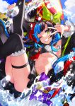  1girl ;d armpit_peek armpits arms_up ascot ass bare_shoulders between_breasts bikini bikini_top_only black_bikini black_coat black_hair black_legwear black_skirt blue_hair bow breasts coat eyewear_on_head fate/grand_order fate_(series) grin hair_bow heart heart-shaped_eyewear legs_up long_sleeves mallet medium_breasts mika_pikazo miniskirt multicolored_hair navel off_shoulder official_art one_eye_closed open_clothes open_coat pleated_skirt purple_bow red-framed_eyewear red_ascot red_hair revealing_clothes sailor_collar sei_shounagon_(fate) sidelocks skindentation skirt smile solo stomach string_bikini sunglasses swimsuit thigh_strap thighhighs thighs two-tone_hair w water wet yellow_eyes 