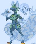  absurd_res anthro armor blitz_fox_(bakugan) blue_body blue_fire canid canine claws colored_fire delphixander digital_media_(artwork) english_text female fire fox green_eyes green_sclera hi_res looking_at_viewer mammal simple_background solo text 