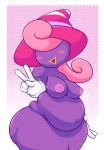  areola behniis belly big_belly big_breasts blush blush_stickers breasts clothing female gesture gloves hair hair_over_eyes handwear hat headgear headwear hi_res huge_hips huge_thighs humanoid mario_bros navel nintendo nipples nude open_mouth overweight overweight_female overweight_humanoid paper_mario pink_hair pink_nipples purple_body shadow_siren solo thick_thighs v_sign video_games vivian_(mario) wide_hips 
