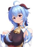  1girl absurdres ahoge bangs bare_shoulders bell blue_hair blush bow breasts detached_sleeves eyebrows_visible_through_hair ganyu_(genshin_impact) genshin_impact hand_on_own_chest highres horns large_breasts light_smile long_hair looking_at_viewer marin_(pixiv_24323096) neck_bell no_gloves purple_eyes sidelocks solo upper_body white_background white_sleeves 