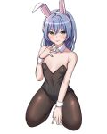 1girl animal_ears asahi_rokka bang_dream! bangs bare_shoulders between_legs black_leotard blue_hair blush breasts brown_legwear collarbone commentary_request covered_navel detached_collar eyebrows_visible_through_hair fake_animal_ears finger_to_mouth full_body green_eyes hair_between_eyes hairband hand_between_legs hand_up highres kneeling korean_commentary leotard long_hair looking_at_viewer pantyhose parted_lips playboy_bunny ptal rabbit_ears simple_background small_breasts smile solo strapless strapless_leotard white_background white_hairband wrist_cuffs 
