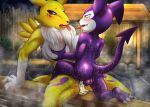  andromorph anthro bandai_namco blush bodily_fluids canid canine cum cum_in_pussy cum_inside digimon digimon_(species) duo female fid fox genital_fluids hot_spring humanoid imp impmon intersex male mammal nude renamon saliva saliva_string sex water 