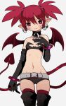  1girl absurdres bat_wings choker closed_mouth demon_girl demon_tail demon_wings disgaea earrings elbow_gloves etna flat_chest gloves highres jewelry looking_at_viewer medium_hair navel pointy_ears red_eyes red_hair simple_background skirt skull_earrings smile solo tail thighhighs twintails wings zinbei 